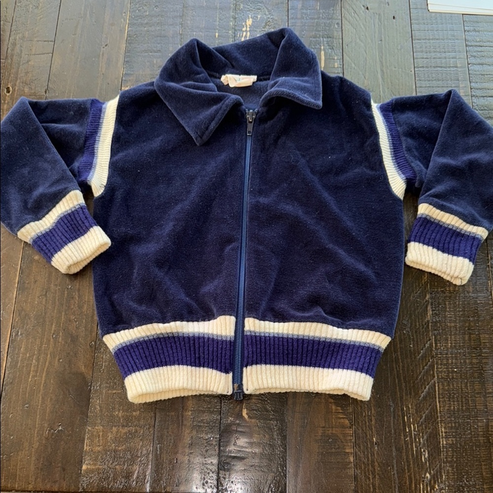 🍄4/5T 1970s knit crest baby boy navy blue velvet vintage and Cream Zip-Up Jacket